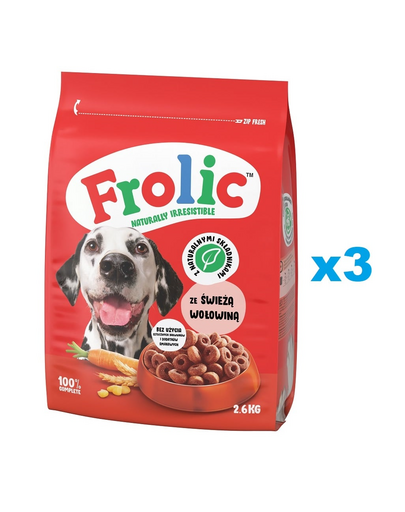 FROLIC Naturally Irresistible 3x2,6 kg félig teljes értékű teljes értékű eledel felnőtt kutyáknak friss marhahússal
