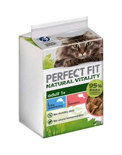PERFECT FIT Natural Vitality Adult 1+ 6x50g teljes értékű nedves eledel felnőtt macskáknak ivartalanítás után is, óceáni hal és lazac mártással