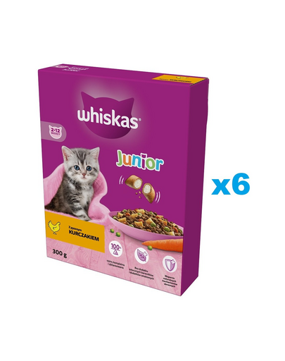 WHISKAS Junior 6x300 g száraz teljes értékű eledel ízletes csirkével cicáknak