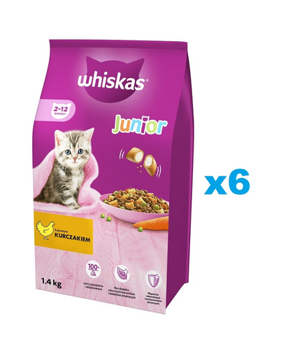 WHISKAS Junior 6x1,4 kg száraz teljes értékű eledel cicáknak finom csirkével