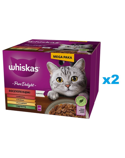 WHISKAS Adult Pure Delight Lédús falatokat zselében 48x85 g darabok marhahússal, csirkével, bárányhússal, baromfival felnőtt macskáknak