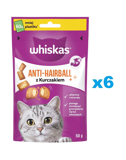 WHISKAS Anti-Hairball 6x50 g pollenmentesítő csemegék felnőtt macskáknak