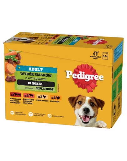 PEDIGREE Adult Choice of Flavors zöldségekkel 12x100g teljes értékű nedves eledel felnőtt kutyáknak, marhahús és bárányhús keverékével, marhahús és máj keverékével, csirkével, pulykával, mártásban