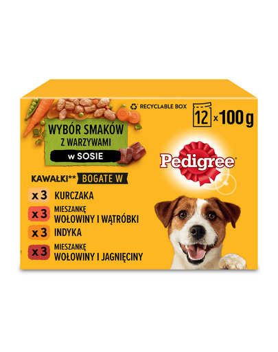 PEDIGREE Adult Ízválaszték zöldségekkel mártásban 12x100g nedves eledel felnőtt kutyáknak csirkével, marhahússal, pulykával, báránnyal