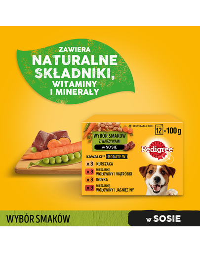 PEDIGREE Adult Ízválaszték zöldségekkel mártásban 12x100g nedves eledel felnőtt kutyáknak csirkével, marhahússal, pulykával, báránnyal