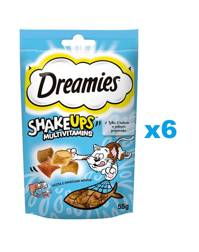 DREAMIES ShakeUps Multivitamins 6x55g macska csemege tengeri herkentyű lakoma lazac, tonhal és garnélarák ízesítéssel
