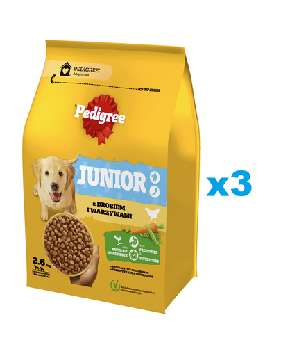 PEDIGREE Junior 3x2,6 kg baromfival és zöldségekkel teljes értékű szárazeledel nagy és közepes termetű, növésben lévő kutyáknak