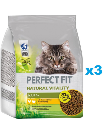 PERFECT FIT Natural Vitality száraz teljes értékű eledel felnőtt macskáknak csirkével és pulykával 3x2,4 kg