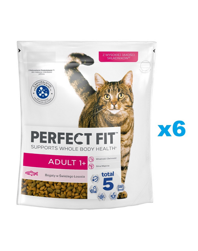 PERFECT FIT Adult 1+ 6x750 g friss lazacban gazdag száraz teljes értékű eledel felnőtt macskáknak