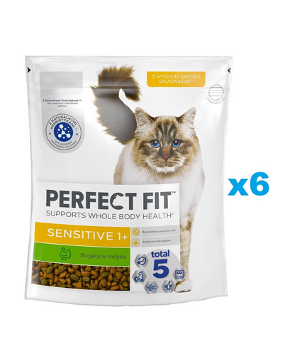 PERFECT FIT Sensitive 1+ 6x750 g pulykában gazdag száraz teljes értékű eledel felnőtt macskák számára