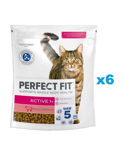 PERFECT FIT Active 1+ 6x750 g marhahúsban gazdag teljes értékű szárazeledel felnőtt macskák számára