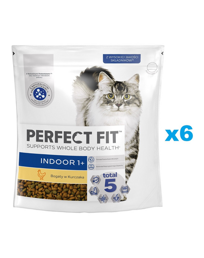 PERFECT FIT Indoor 1+ 6x750 g csirkében gazdag száraz teljes értékű eledel felnőtt macskák számára