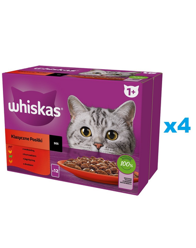 WHISKAS Adult tasak 48x85g Classic Meals in Sauce nedves macskaeledel marhahússal, csirkével, bárányhússal, baromfival, szaftos darabokban