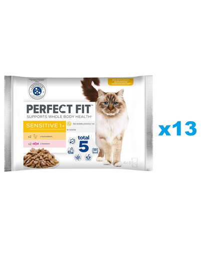 PERFECT FIT Sensitive 1+ tasakok 52x85 g teljes értékű nedves eledel felnőtt macskáknak, csirkemártással, lazaccal