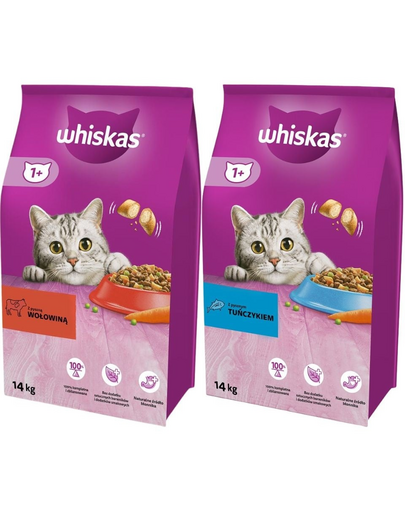 WHISKAS Adult Felnőtt marhahús és répa 14kg + WHISKAS Eledel felnőtt macskának, tonhal zöldséggel 14 kg