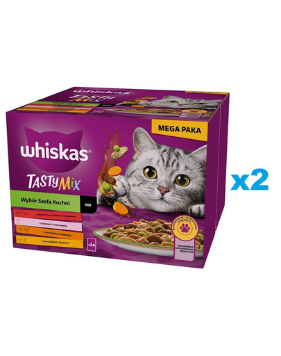WHISKAS Adult Tasty Mix Chef's Choice mártásban 48x85 g darabok marhahússal, lazaccal, csirkével és pulykával, csirkével és tőkehallal felnőtt macskák számára
