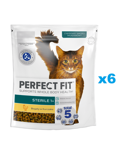 PERFECT FIT Sterile 1+ 6x750 g csirkében gazdag száraz teljes értékű eledel felnőtt macskák számára