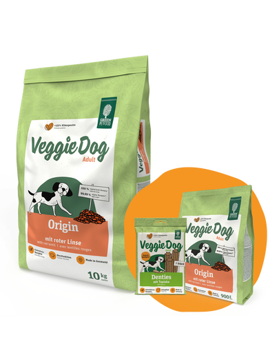 GREEN PETFOOD VeggieDog Origin vörös lencsével 10kg + 900g & Denties INGYEN