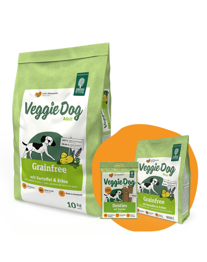 GREEN PETFOOD VeggieDog Grainfree burgonyával és borsóval 10kg + 900g & Denties INGYEN