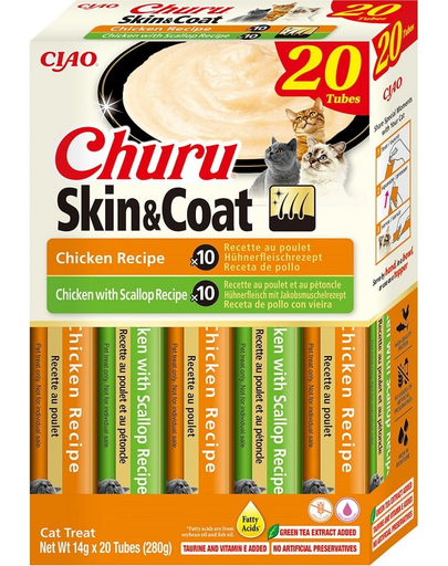 INABA Churu Cat Skin Coat 20x14g csirke, csirke és fésűkagyló krémes csemege macskáknak