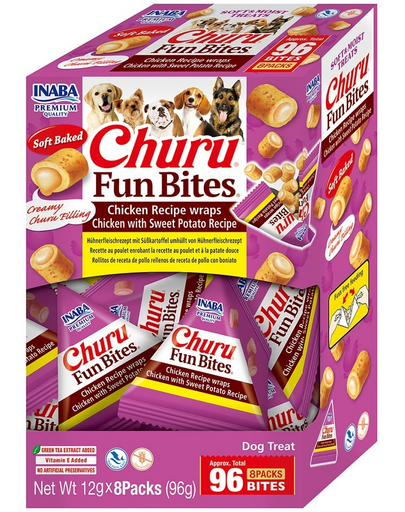 INABA Dog Churu Fun Bites Chicken with Sweet Potato 8x12g csirke és édesburgonyás wrapok kutyáknak