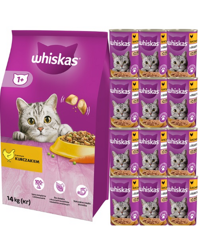 WHISKAS Adult 14kg száraz táp finom csirkével + WHISKAS Adult 12x400 g nedves karma csirkével zselében