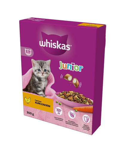 WHISKAS Junior 6x300 g száraz teljes értékű eledel ízletes csirkével cicáknak