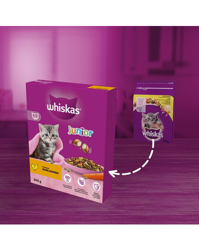 WHISKAS Junior 6x300 g száraz teljes értékű eledel ízletes csirkével cicáknak