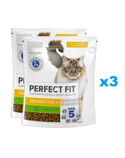 PERFECT FIT Sensitive 1+ 6x750 g pulykában gazdag száraz teljes értékű eledel felnőtt macskák számára