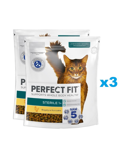 PERFECT FIT Sterile 1+ 6x750 g csirkében gazdag száraz teljes értékű eledel felnőtt macskák számára