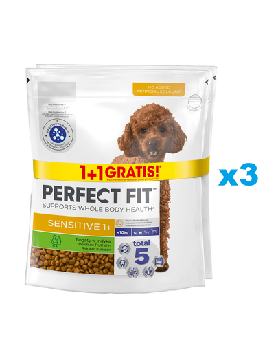 PERFECT FIT Sensitive 1+ 6x825 g pulykában gazdag száraz teljes értékű eledel felnőtt kistestű kutyafajták számára