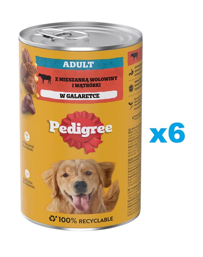 PEDIGREE Adult 6x1200g teljes értékű nedves eledel felnőtt kutyáknak, marhahús és máj keverékkel, zselében