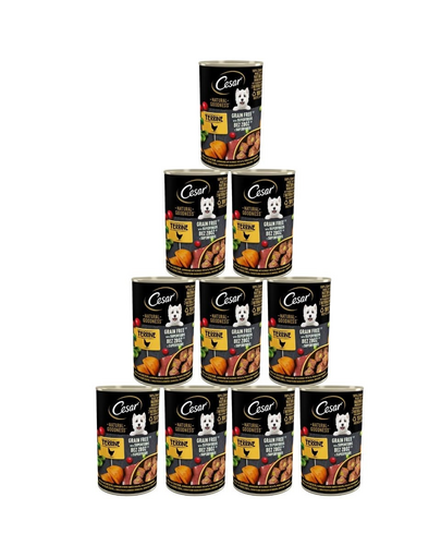 CESAR puszka 12x400g - mokra karma pełnoporcjowa dla dorosłych psów bogata w kurczaka, przybrana batatem, groszkiem i żurawiną