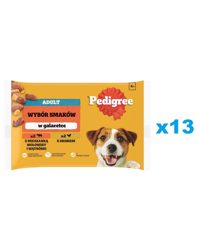 PEDIGREE Adult Choice of Flavors 52x100g teljes értékű nedves eledel felnőtt kutyáknak, marhahús és máj keverékével, baromfival, zselében