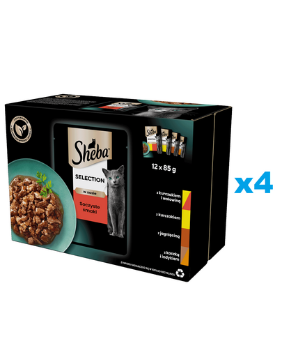 SHEBA Selection Soczyste Smaki saszetki 48x85 g mokra karma pełnoporcjowa dla dorosłych kotów w sosie kawałki z kurczakiem i wołowiną, kurczakiem, jagnięciną, kaczką i indykiem