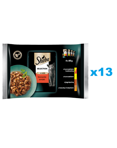 SHEBA Selection Soczyste Smaki saszetki 52x85 g mokra karma pełnoporcjowa dla dorosłych kotów w sosie kawałki z kurczakiem i wołowiną, kurczakiem, jagnięciną, kaczką i indykiem