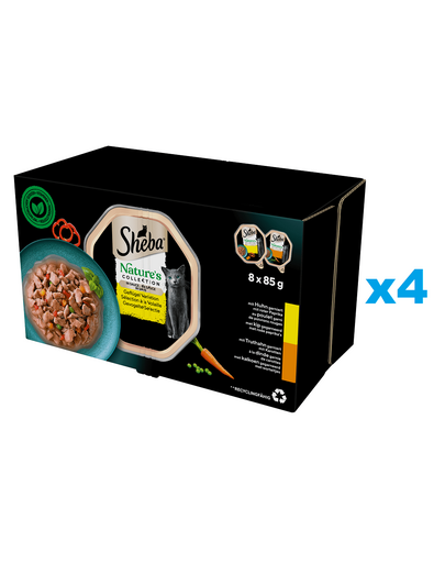 SHEBA Nature’s Collection Drobiowe Smaki tacki 32x85 g mokra karma pełnoporcjowa dla dorosłych kotów w sosie kawałki z kurczakiem, indykiem