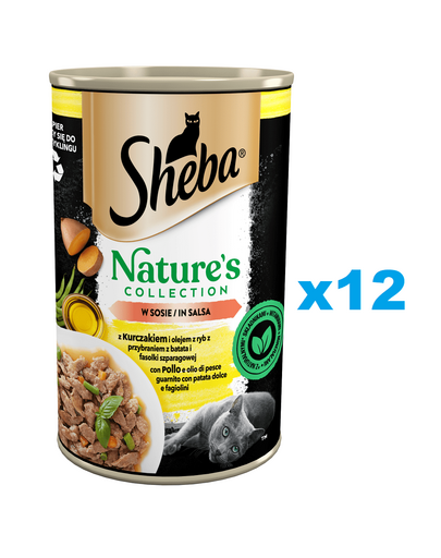 SHEBA puszka 12x400 g Nature's Collection mokra pełnoporcjowa karma dla dorosłych kotów z kurczakiem i olejem z ryb z przybraniem z batata i fasolki szparagowej w sosie