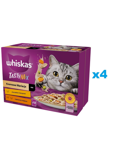 WHISKAS Adult saszetka 48x85g Kremowe Wariacje mokra karma dla dorosłych kotów w sosie z: kurczakiem i warzywami, jagnięciną i indykiem