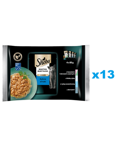 SHEBA Selection Select Slices Rybne Smaki 52x85g mokra karma pełnoporcjowa dla kotów w sosie kawałki z łososiem i dorszem czarnym, białą rybą, rybą oceaniczną, dorszem