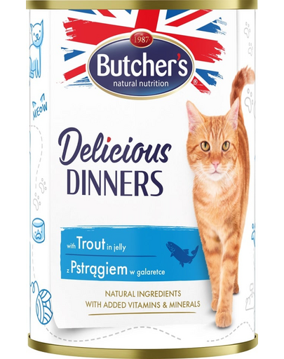 BUTCHER'S Delicious Dinners, karma dla kota, kawałki z pstrągiem w galaretce, 400g