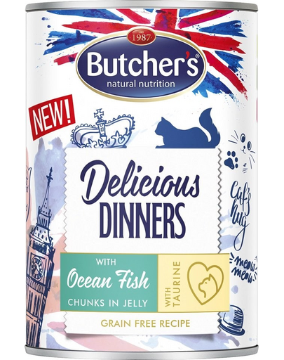 BUTCHER'S Delicious Dinners, karma dla kota, kawałki z rybą morską w galaretce, 400g