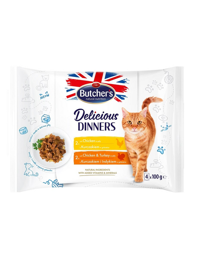 Delicious Dinners kawałki w galaretce dla dorosłych kotów 4x100g z kurczakiem, z kurczakiem i indykiem