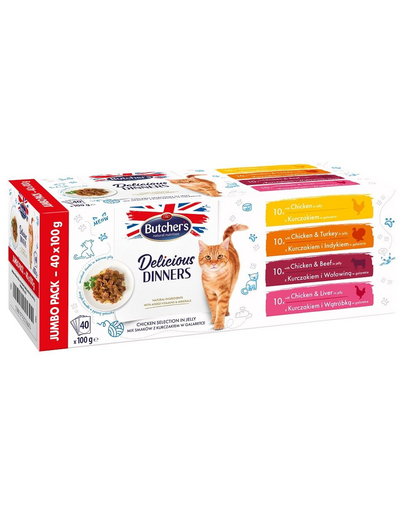 Delicious Dinners Jumbo Pack w galaretce dla dorosłych kotów 40x100g Mix smaków dania z kurczakiem
