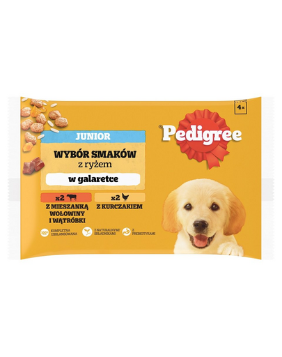 PEDIGREE Junior Choice of Flavors rizses tasak 4x100g teljes értékű nedves eledel kölyökkutyáknak, darabokban, marhahús és máj keverékével és rizzsel, csirkével és rizzsel, zselében