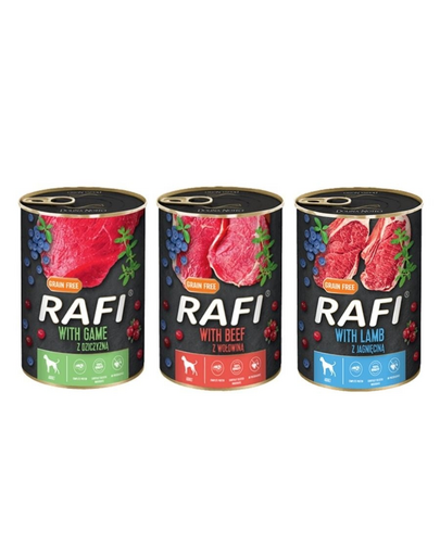 DOLINA NOTECI RAFI Mix smaków (wołowina, jagnięcina, dziczyzna) 36x400g mokra karma dla psa