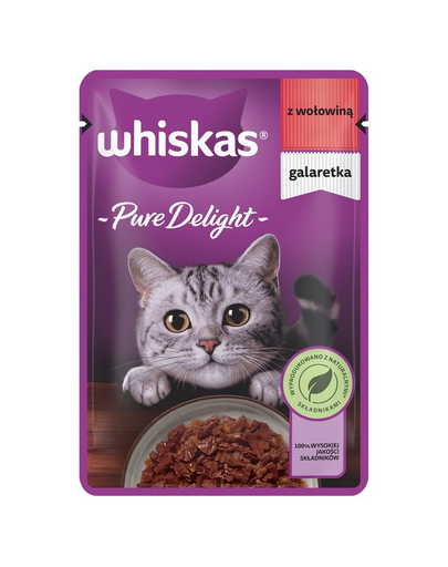 WHISKAS Adult Pure Delight tasak 85g teljes értékű nedves eledel felnőtt macskáknak, marhahúsdarabkák zselében