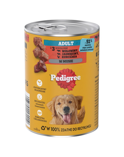 PEDIGREE Adult konzerv 400 g nedvese táplálék felnőtt kutyák számára 3 féle: marhahús, bárány és csirke, pürében