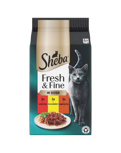 SHEBA Fresh & Fine 6x50 g nedves macskaeledel marhahúsos, csirkés, bárányhúsos mártásban
