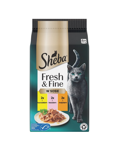 SHEBA Fresh & Fine 6x50 g nedves macskaeledel csirke, lazac és pulyka mártásban